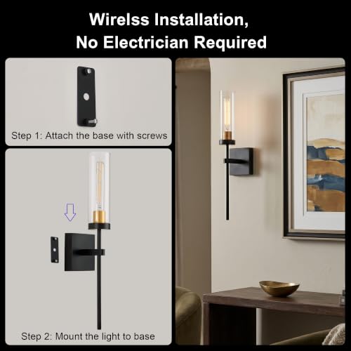 Image of SANTOSTOCK Battery Operated Wall Sconce Set of 2, Black & Gold Wireless Sconces Wall Decor, Rechargeable Wall Lights for Bedroom Living Room Entryway Bathroom Hallway Stairwell
