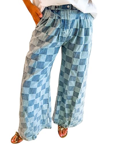 Women's Plaid High Waisted Baggy Wide Leg Jeans Stretch Casual Denim Pants with Pockets