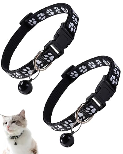 JUKOTA 2 Pezzi Collare Gatto, Collari per Gatti Antistrozzo con Campanellino e Fibbia di Sicurezza, Stampa Zampa Carina 19-33cm Nero