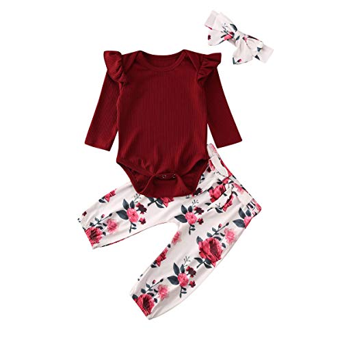 Preisvergleich Produktbild Geagodelia Babykleidung Set Baby Mädchen Langarm Body Strampler + Blumen Hose + Stirnband Neugeborene Kleinkinder Warme Babyset Kleidung T-28852 (3-6 Monate, Weinrot 894)