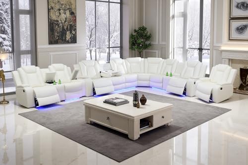 Image of Leather Power Recliner Sectional Sofa Set with LED Light,L Shaped Leather Sectional Set with 5 Recliner Seats,Modular Sofa and Loveseat with USB Port for Living Room Furniture