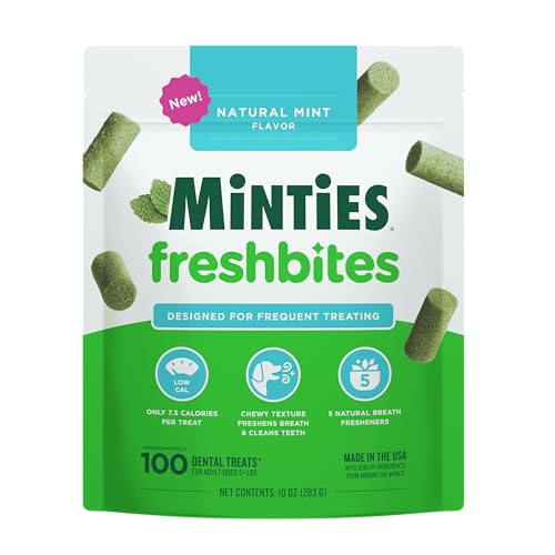 Minties FreshBites Soft and Chewy Dental Treats for Dogs, Low Calorie Natural Mint Flavored Dental Chews for Dogs, 100 Count, Chews Clean Teeth, Fight Bad Breath, and Removes Plaque and Tartar