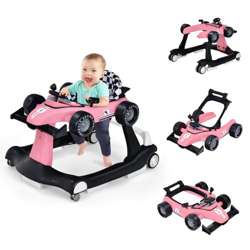 COSTWAY 4 in 1 Lauflernhilfe, Lauflernwagen klappbar mit einstellbarer Höhe & Geschwindigkeit, Baby Walker Autoförmig mit Musikbox, Licht & Rädern, Gehfrei Baby ab 6 Monaten, 12kg Belastbar (Pink)