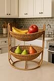 SDFUMAO 2-Tier Wicker Fruit Basket Stand, Handwoven Plastic Rattan Fruit and Vegetable Storage Organizer, Rustic Boho Countertop Display Basket for Produce, Bread, Snacks, or Towels