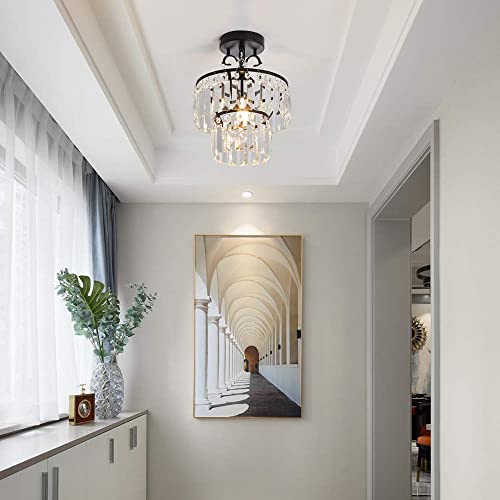 Yyjlx Small Crystal Raindrop Mini Chandeliers Semi Flush Mount Ceiling Light Fixture Small Ceiling Lamp For Hallway Bar Kitchen Dining Room Living Room #TOP5