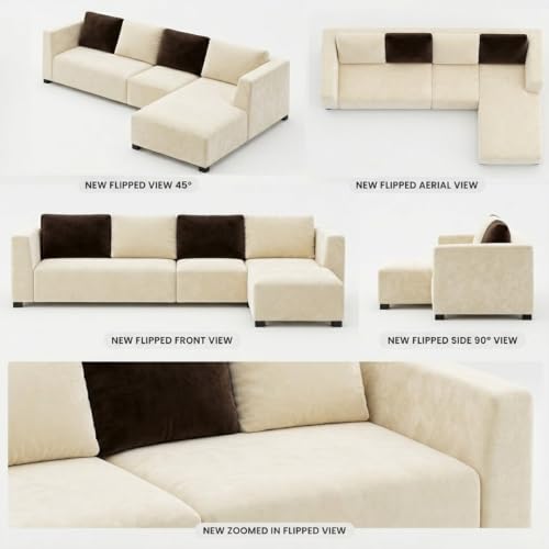Image of FURNY Olympus 8 Seater RHS L Shape Sofa Set | Plush Velvet Suede Fabric | Modern Design | Soft Comfort Dual Color Cushions for Living Room, Office & Hotels (Cream-Dark Brown)