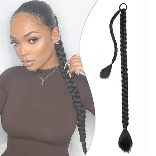 KSJEHW Extensión de Coleta Trenzada con Coletero Extensiones de Pelo Largo Liso Trenza Coleta Postizos de Pelo Sintéticos Naturales para Mujer，Rojo（26"/66cm Negro）