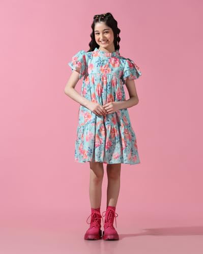 Image of Cherry & Jerry Blue Floral Print Schiffli Dress
