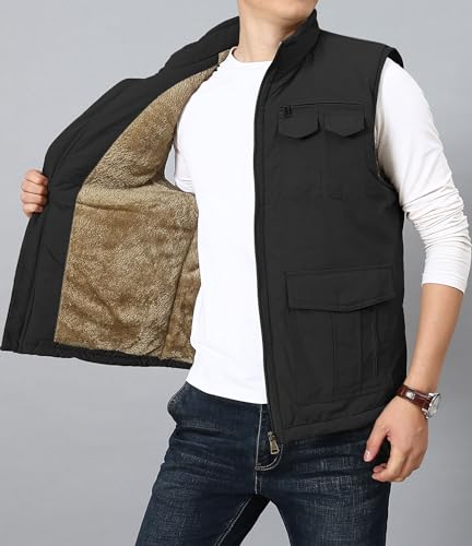 Image of HOW'ON Men's Winter Fleece Lined Warm Vest Padded Puffer Vest Outdoor Sleeveless Jacket Multi Pocket