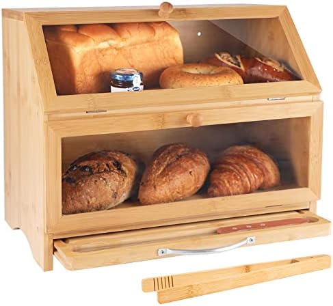 MAISONPEX Double Layer Large Bamboo Bread Box for Kitchen Countertop, Cutting Board, and Stainless Steel Bread Knife, Large Capacity Bread Storage Container with Clear Windows (Self-Assembly)