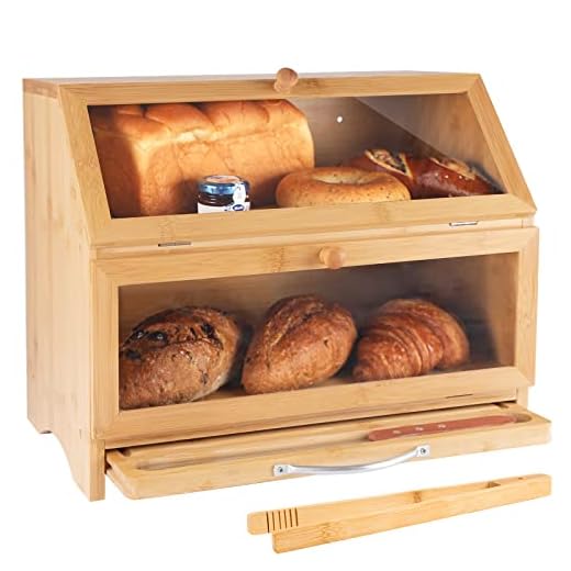MAISONPEX Double Layer Large Bamboo Bread Box for Kitchen Countertop, Cutting Board, and Stainless Steel Bread Knife, Large Capacity Bread Storage Container with Clear Windows (Self-Assembly)