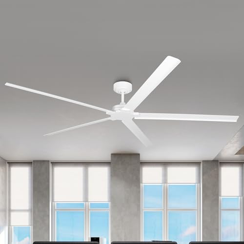 White Ceiling Fan No Light, 72 Inch Waterproof Outdoor Ceiling Fans for Patios, Remote Control, Industrial Ceiling Fans Without Lights, 6-Speed Reversible DC Motor, 5 Aluminum Blades, Timer