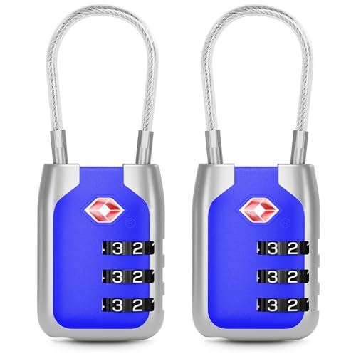 Joyway TSA Approved Luggage Lock, 3 Digit Combination Cable Lock with Alloy Body, Travel Combination Locks for Suitcases, Backpack and Golf Bag (Blue, 2Pack)