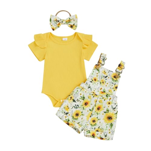Newborn Baby Girl Summer Clothes Ruffle Ribbed Short Sleeve Romper Daisy Suspender Overall Shorts Cute Summer Outfit