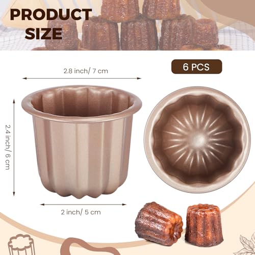 Blushtier 6 Pcs Canele Mold Cake Pan Non Stick small Copper Color Canele Molds Muffin Bakeware Cupcake Pan 2.8 Inch Carbon Steel Pastry Mould Mini Cupcake Holders DIY Cake Muffin Oven Baking Tool