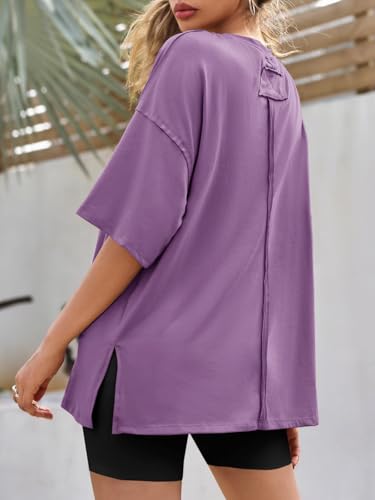Image of Tankaneo Womens Oversized Tshirts Summer Casual Short Sleeve Crew Neck T Shirt Loose Fit Side Slit Tee Tops Light Purple