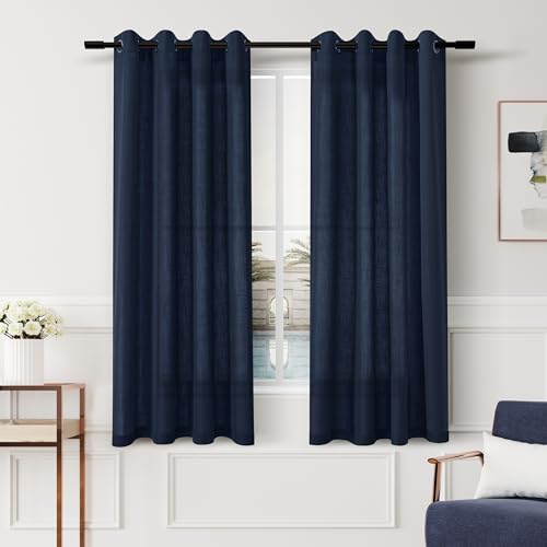 Navy Blue Curtains 54 Inch Length 2 Panels Set for Kitchen Cafe Bathroom Grommet Linen Drapes Semi Sheer Light Filtering Modern Farmhouse Neutral Curtains 54 Inches Long for Bedroom Window 52x54