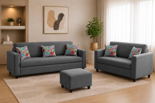 Image of Rosebell 3+2 Fabric Sofa Set with Ottoman | Premium Upholstery 5-Seater Sofa | with Printed Cushions | Living Room Furniture |Grey-Color