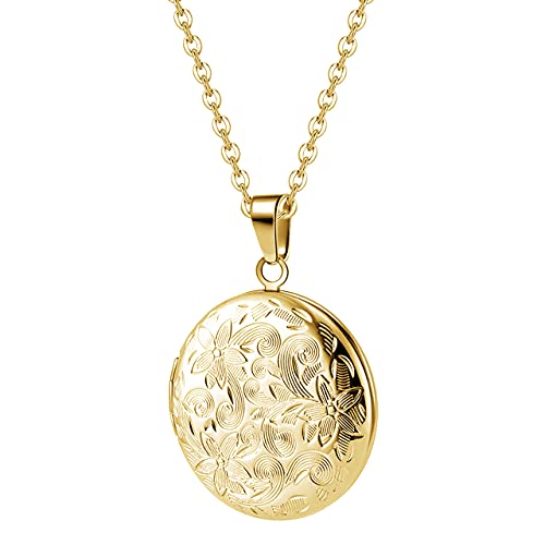 TOFBS Collar Foto Locket Personalizado Redondo Guardapelo Locket para Mujeres Collar Acero Inoxidable latón de Regalo Romántico Estampa Flores Joyería Personalizada Memorial para Madre (dorado)