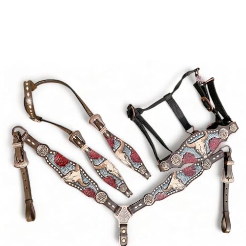 MOUSM Western Headstall and Breast Collar Set, Bronc Halter for Horse, Tooled Design, Alligator Inlay All Item (Head Stall Set & Bronc Halter)