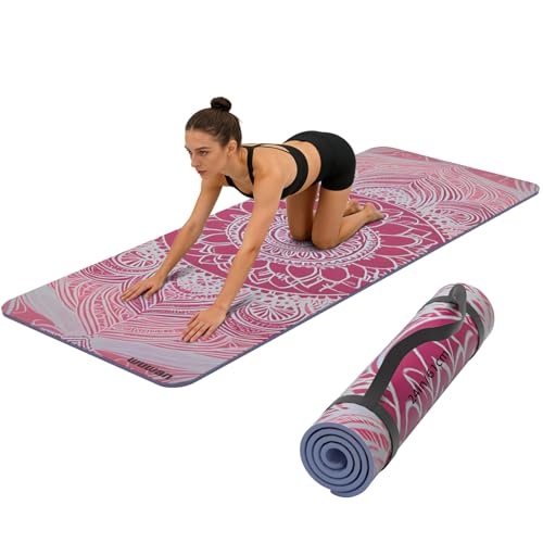 WUWAN Printed Yoga Mat 72" x 24" Thick 6mm Non-Slip Fitness Exercise Exercise Mat with Strap for Women Men Yoga Pilates Workout Gym Floor Workout (pink lotus)