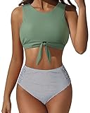 SUUKSESS Women Tie Knot Tankini Set High Waist 2 Piece Crop Swimsuits (Small, Green Striped)