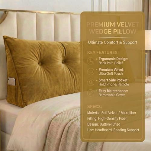 Image of Luxury Velvet Tufted Wedge Pillow with Side Pocket - Soft Headboard Back Support Cushion for Bed, Sofa & Floor Seating - Golden Color