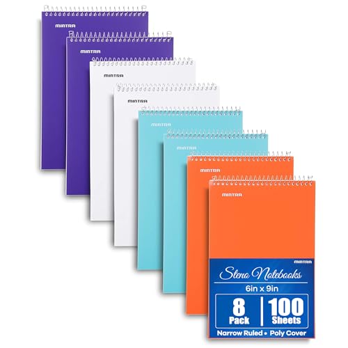 Mintra Office Książka Steno (BRIGHTS - Purp/Wht/Teal/Orange) - 15 cm x 23 cm, 100 arkuszy, 8 podkładek/opakowanie, wąska w linie - polowa okładka, notatnik do pisania notatek w szkole, na uniwersytecie, na uczelni, w pracy, w biurze