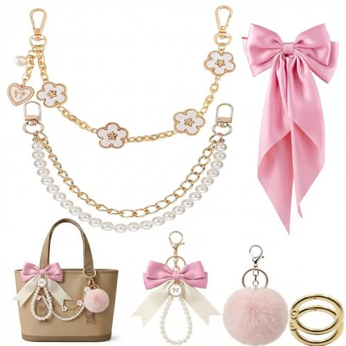 7-Piece Pink Tote Bag Charm Set with Bow Pompom and Pearl Chains