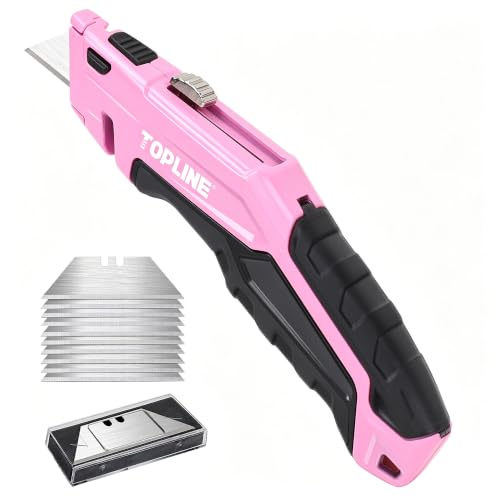 TOPLINE Retractable Pink Utility Knife Retractable Pink Box Cutter Blade Storage Design 18-Piece SK5 Blades and a Dispenser Included