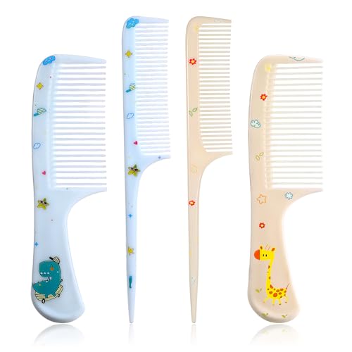 Cute Hair Comb Set 4 Pcs Toddler Hair Brush Plastic Fine Tooth Rat Tail Combs Detangling Comb for Women Girls All Hairs Types Long Short Wet Dry Curly Straight (Yellow Blue)