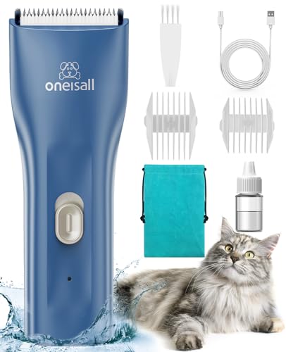 oneisall Pet Clipper for Cat Matted Hair, Pet Shaver for Cats Quiet Pet Clippers Waterproof Cordless Cat Clippers for Matted Hair Long Hair with Storage Bag (Blue)