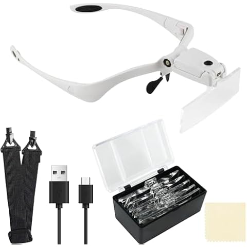 Beileshi Headband Magnifying Glasses with Rechargeable LED Lampstents and Headband Interchangeable Magnifier 5 Magnification of Lenses: 1.0X 1.5X 2.0X 2.5X 3.5X Cover