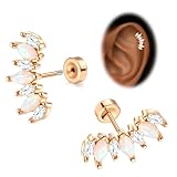 Morfetto 16G Helix Piercing Jewellery Flat Back Earrings for Women Men 14K Gold Plated Hypoallergenic Surgical Steel Sleeper Studs for Cartilage Non Tarnish Waterproof Jewellery 6mm Rose Gold-Opal