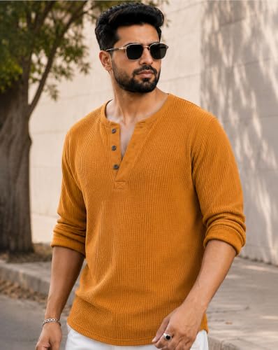 Image of AUSK Men's Waffle Knit Henley T-Shirt | Cotton Blend Full Sleeve Textured Casual T Shirt | Regular Fit Button Placket Round Neck Tshirt for Men