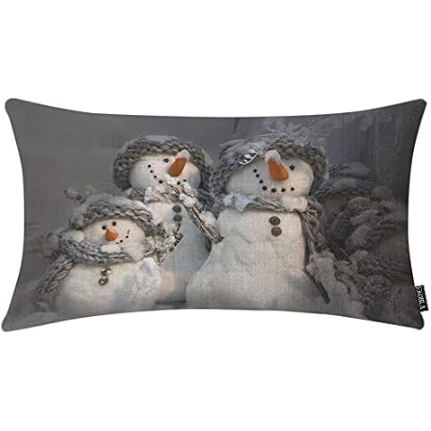 EKOBLA Three Snowman Pillow Cases Xmas Winter Landscape Waist Lumber Cotton Linen Home Living Room Decorative Throw Pillow Covers Cushion Cover 12x20 Inches Cover