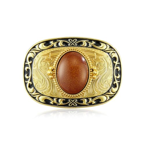 YOQUCOL Vintage Western Cowboy Coral Red Stone Belt Buckle for Men Handmade Belt Buckle Gold Tone