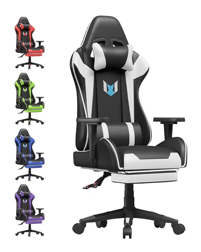 Racingreat Silla de juegos, silla de oficina, silla de computadora, silla giratoria de policarbonato resistente, diseño ergonómico con cojín y respaldo reclinable (con reposapiés, blanco)