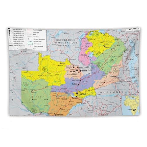 Affiches de la carte du monde du Zambie Tapisseries Art Impression Photo Murale Peinture Image à Suspendre Décoration de Chambre Familiale Cadeau 102cmx152cm