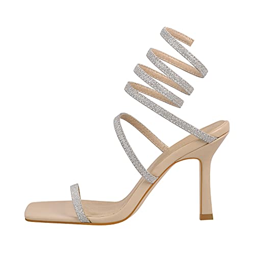 Richealnana Glitter Straps For Party Prom Bling Sandals For Women High Heel Stilettos Square Toe One Band Open Toe Sparkle Glitter Straps Nude Us 9.5 #TOP20