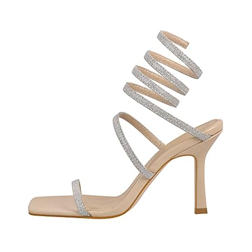 Richealnana Women's Stiletto Heel Sqaure Open Toe Ankle Straps Silver Straps High Heel Sandals For Party Prom Giltter Nude US 8