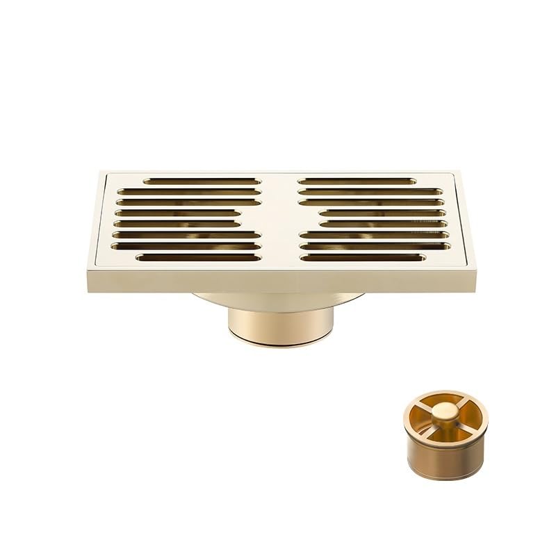 Siphon De Sol Drain de Douche en Or brossé, Drain de Sol de Salle de Bains, carrelage, grilles de déchets de Sol carrées, Drain en Laiton 140x90mm Siphon De Sol Exterieur(Zirconium Gold A)