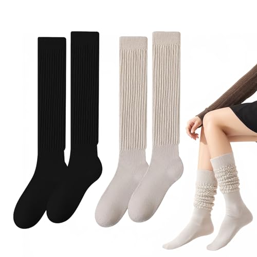 SEFIRST 2 Pares Calcetines Largos Mujer, Calcetines Altos Termicos, Calcetines para Botas Calcetines Slouch Estirable, Calcetines Largos para Algodón Calcetines Hasta la Rodilla, Negro Caqui