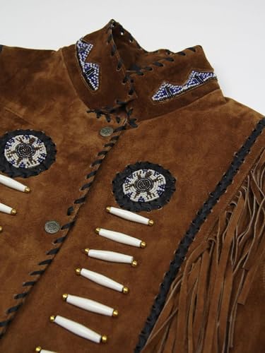 Western Suede Leather Vest Men Native American Cowboy Tassels Fringe Vest Wedding Sleeveless Waistcoats Beads & Braid2