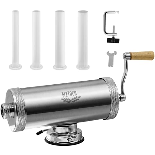 MZTOGR 5L Wurstfüller Edelstahl Horizontale Wurstmaschine Manuelle Wurstmaschine Wurstpresse mit Tischklemme & 4 Füllrohre Wurstfüllmaschine für Hausgemachte