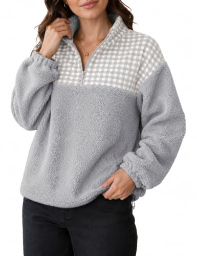 Grijaaz Women Quarter Zip Fleece Pullover Fuzzy Sherpa Jacket(Grey-XL)