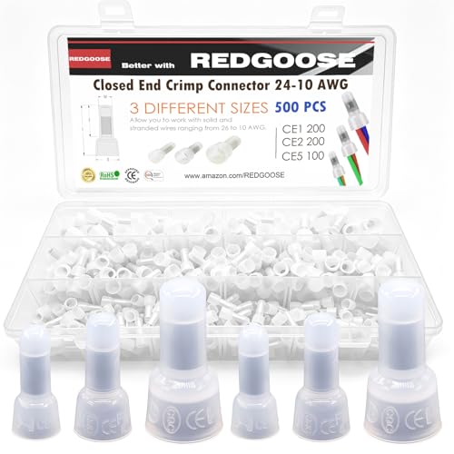 REDGOOSE 500PCS Closed End Crimp Connector 26-12 AWG Nylon Wire Connectors Crimp Cap Wire Terminals(26-18AWG 200PCS, 26-16AWG 200PCS, 26-12AWG 100PCS)