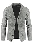 JMIERR Herren Strickjacken Slim Fit Zopfmuster Knopf Langarm Revers Mantel mit Taschen Grau 2XL