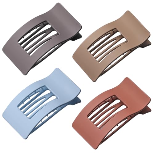 4 Pack Flat Hair Clips for Women, Large French Rectangle Lay Flat Claw Clips for Thick Thin Hair, Strong Hold No Crease Matte Hair Styling Accessories (Brown/Grey/Sky Blue/Red)