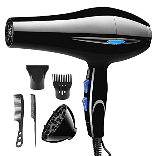Gusengo Asciugacapelli Potente a ioni da 2200 W | Essiccatore Aria Fredda Calda, Asciugacapelli con Accessori per Styling Pettine a Coda a Punta, Nero